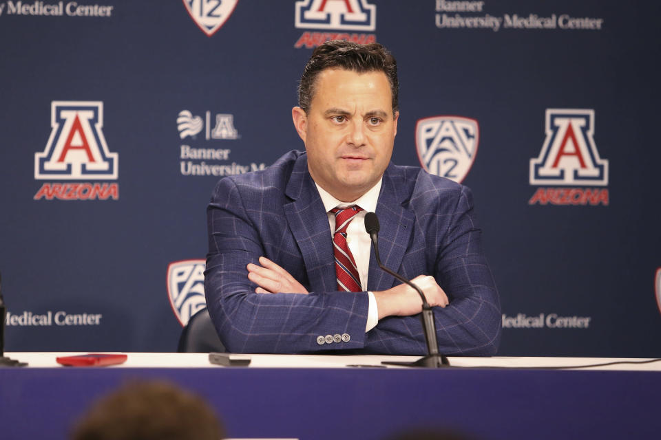 TUCSON, AZ - FEBRUARY 07: Arizona Wildcats head coach Sean Miller talks with the media after a college basketball game between the Washington Huskies and the Arizona Wildcats on February 07, 2019, at McKale Center in Tucson, AZ. (Photo by Jacob Snow/Icon Sportswire via Getty Images)