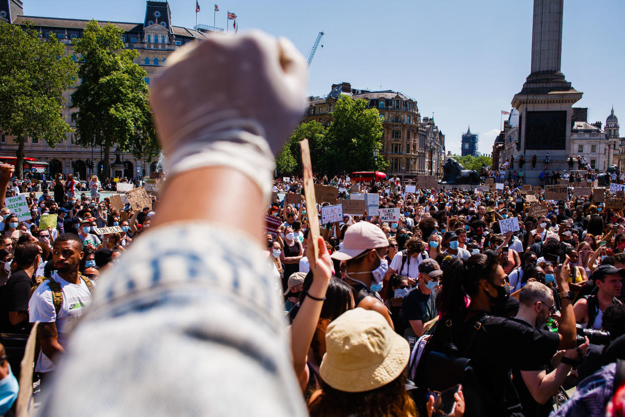  Activists gathered at Trafalgar Square during the George Floyd demonstration. Thousands came together for the protest, despite ongoing concerns over the possible spread of coronavirus and continuing calls by authorities for social distancing guidelines to be adhered to. Floyd, a black man, died as a white police officer, Derek Chauvin, knelt on his neck during an arrest in the US city of Minneapolis on May 25. Floyd's death, reminiscent of the chokehold death of Eric Garner at the hands of police officers in New York in 2014, has reignited the 'Black Lives Matter' movement against police brutality in the US, and left Minneapolis and major cities from coast to coast reeling from nights of rioting. (Photo by David Cliff / SOPA Images/Sipa USA) 