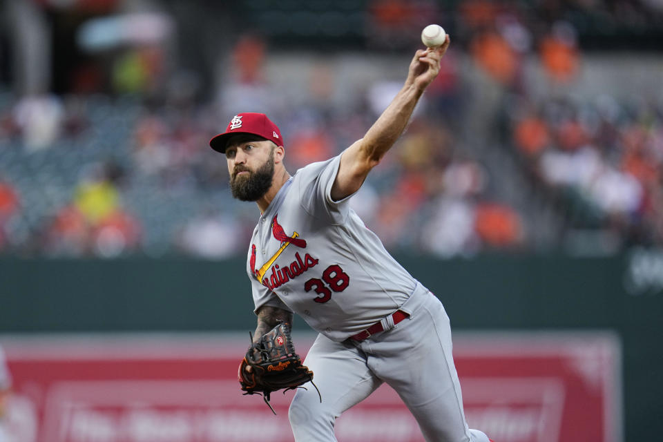 St. Louis Cardinals starting pitcher Drew Rom throws to a Baltimore Orioles batter during the first inning of a baseball game Wednesday, Sept. 13, 2023 in Baltimore. (AP Photo/Julio Cortez)