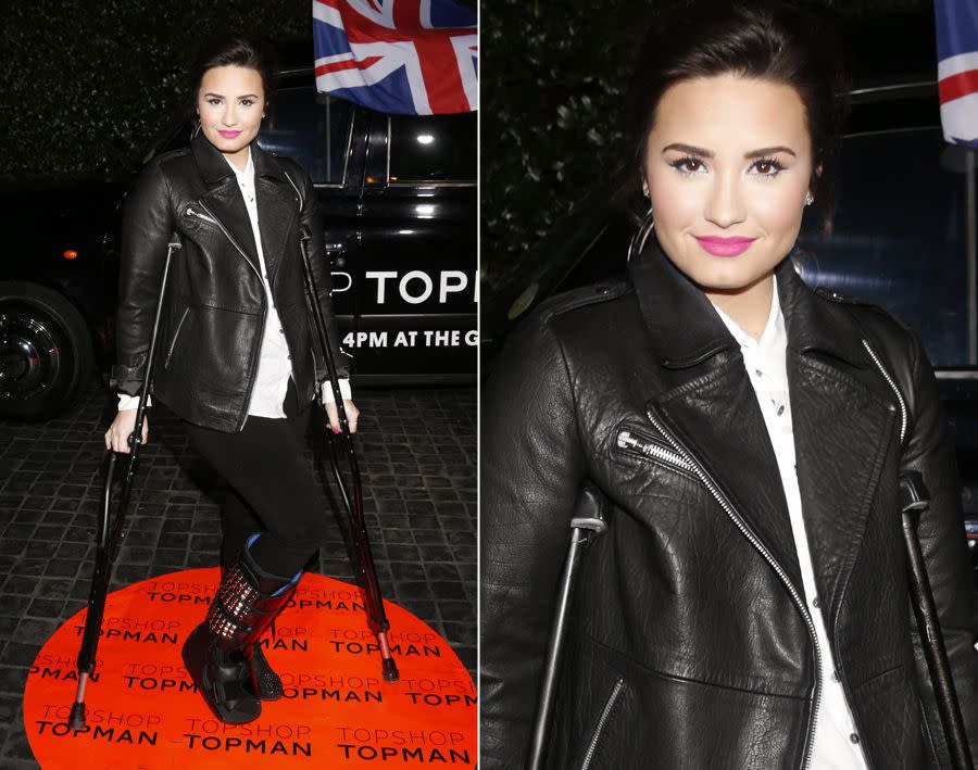 Demi Lovato's newest accessory is a studded air cast! The "X Factor" judge was sure to match her fierce leather jacket to her crutches and air cast at an event on Feb. 13, 2013. But she isn't the only starlet rocking a "glamorous" injury ...