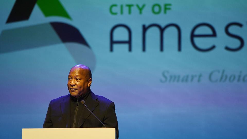 Jeff Johnson, CEO of the Iowa State University Alumni Association, delivers the keynote address during the Martin Luther King Jr. Day event hosted by the city of Ames at the Ames City Auditorium on Monday, Jan. 17, 2022, in Ames, Iowa.