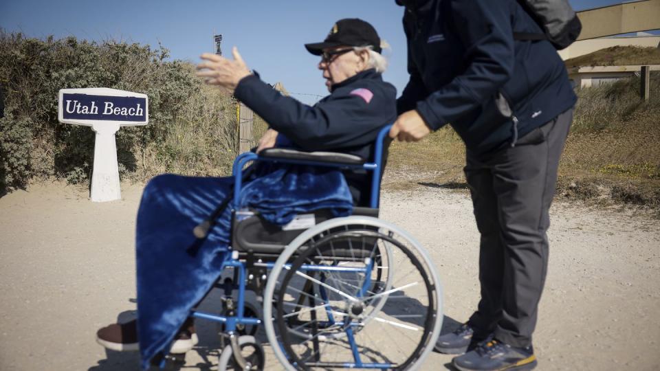 U.S. veteran arrives at a commemoration organized by Best Defense Foundation at Utah Beach near Sainte-Marie-du-Mont, Normandy, France, Sunday, June 4, 2023.  (Thomas Padilla/AP)