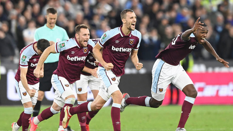 Seen here, West Ham players celebrate their League Cup win over Manchester City.