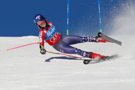 Skiing - Alpine Skiing World Cup - Ladie's Alpine Giant Slalom - Kronplatz, Italy - January 23, 2018. Mikaela Shiffrin of the U.S. falls down. REUTERS/Stefano Rellandini
