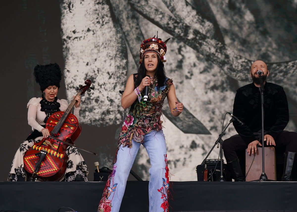 Jamala appeared as a guest with folk quartet DakhaBrakha on the Pyramid Stage (YuiMok/PA) (PA Wire)