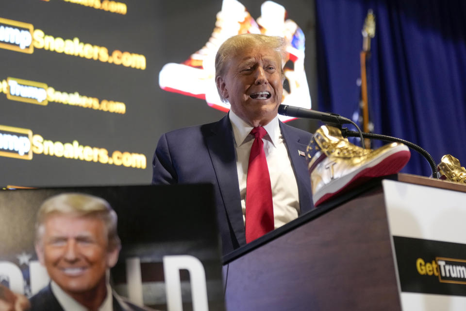 Republican presidential candidate former President Donald Trump attends Sneaker Con Philadelphia, an event popular among sneaker collectors, in Philadelphia, Saturday, Feb. 17, 2024. Trump announced a line of shoes bearing his name. (AP Photo/Manuel Balce Ceneta)