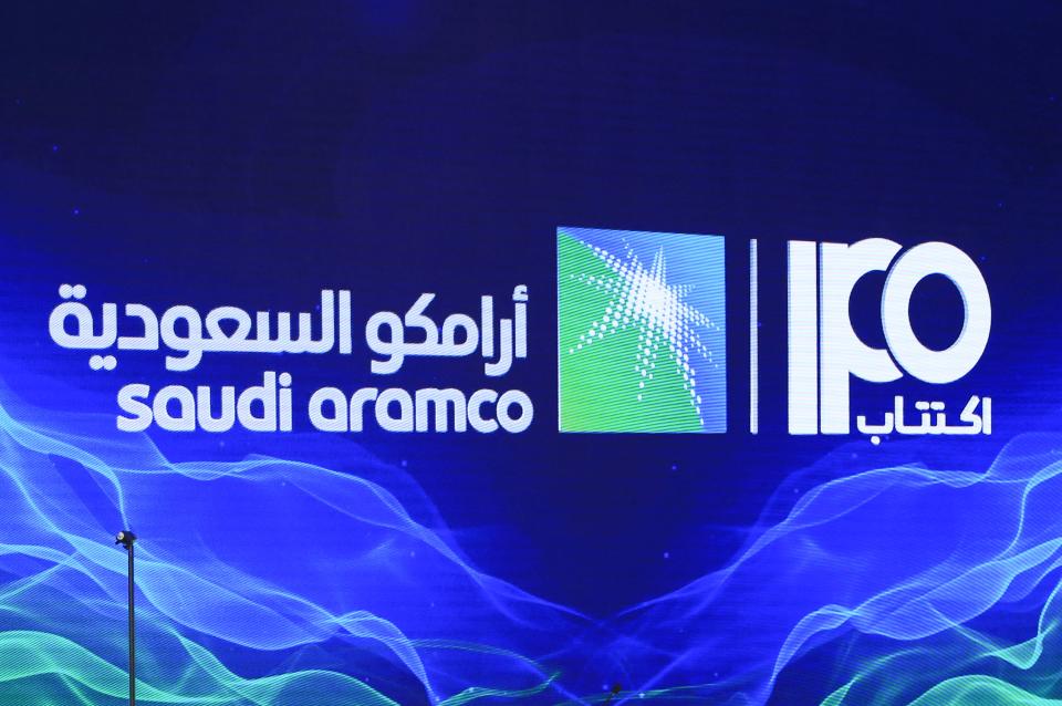 A picture taken on November 3, 2019 shows a sign of Saudi Aramco's initial public offering (IPO) during a press conference by the state company in the eastern Saudi Arabian region of Dhahran. - Saudi Aramco confirmed it planned to list on the Riyadh stock exchange, describing it as a "significant milestone" in the history of the energy giant. (Photo by - / AFP) (Photo by -/AFP via Getty Images)