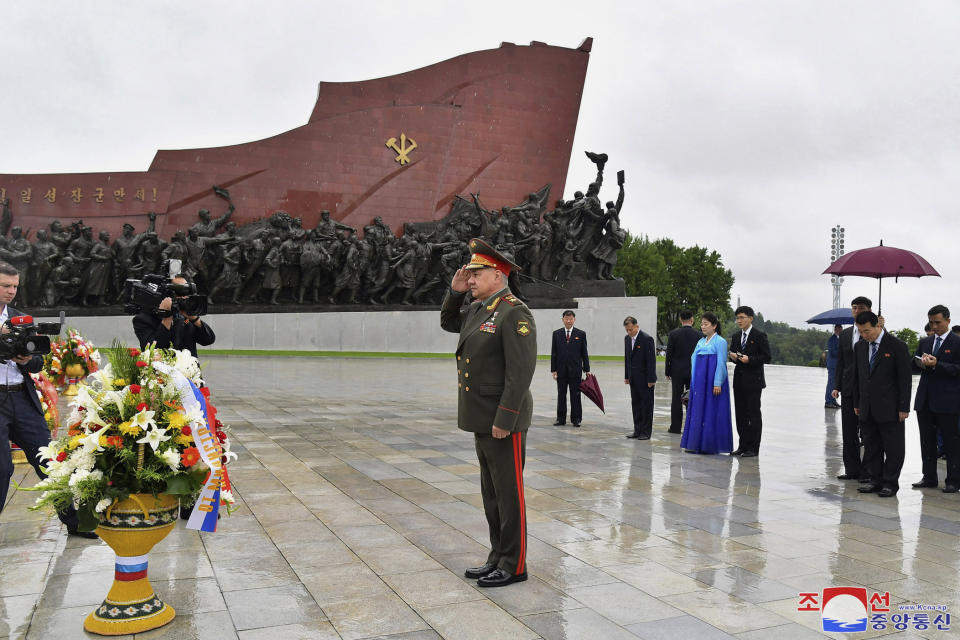 In this photo provided by the North Korean government, Russian Defense Minister Sergei Shoigu salutes as he lays a wreath of flowers in front of the statues of late North Korean leaders Kim Jong Il and Kim Il Sung on the occasion of the upcoming 70th anniversary of an armistice that halted fighting in the 1950-53 Korean War, in Pyongyang, North Korea, Wednesday, July 26, 2023. Independent journalists were not given access to cover the event depicted in this image distributed by the North Korean government. The content of this image is as provided and cannot be independently verified. Korean language watermark on image as provided by source reads: "KCNA" which is the abbreviation for Korean Central News Agency. (Korean Central News Agency/Korea News Service via AP)