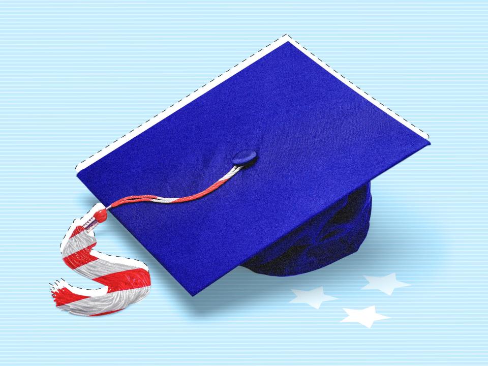 Cost of Inequity (Student Loan Edition) Blue graduation cap with American flag tassel and fallen stars