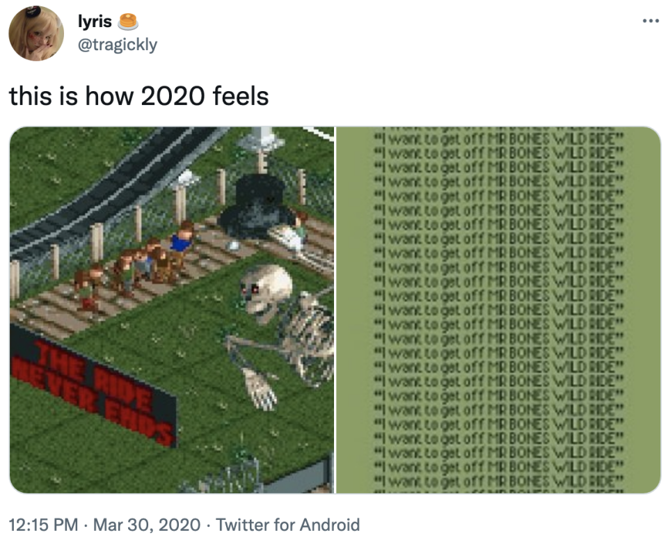 this is how 2020 feels and then there's a screen shot from a game with a skeleton and roller coaster that says, the ride never ends and then text that reads, i want to gete of mr bones wild ride