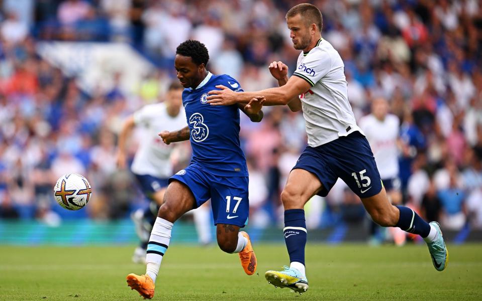 Raheem Sterling of Chelsea is challenged by Eric Dier of Tottenham Hotspur - Getty