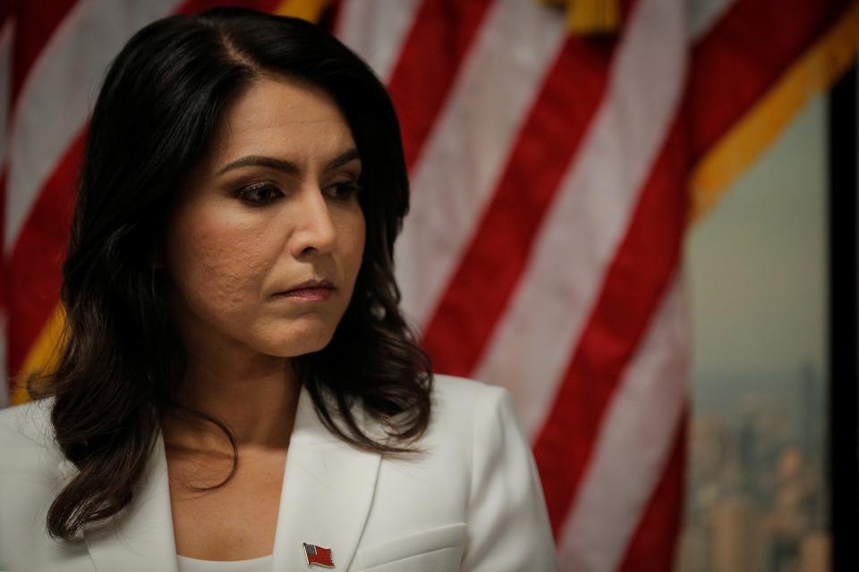 FILE PHOTO: 2020 Democratic U.S. presidential candidate and U.S. Rep. Tulsi Gabbard speaks during a news conference at the The 9/11 Tribute Museum in New York City, U.S., October 29, 2019. REUTERS/Brendan McDermid