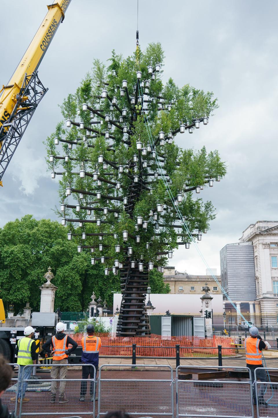 A team of workers add the final parts to the Queen's Green Canopy ahead of the Platinum Jubilee (Getty Images)