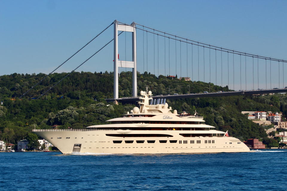 The Dilbar, a luxury yacht owned by Russian billionaire Alisher Usmanov, sails in the Bosphorus in Istanbul, Turkey May 29, 2019. Picture taken May 29, 2019. REUTERS/Yoruk Isik