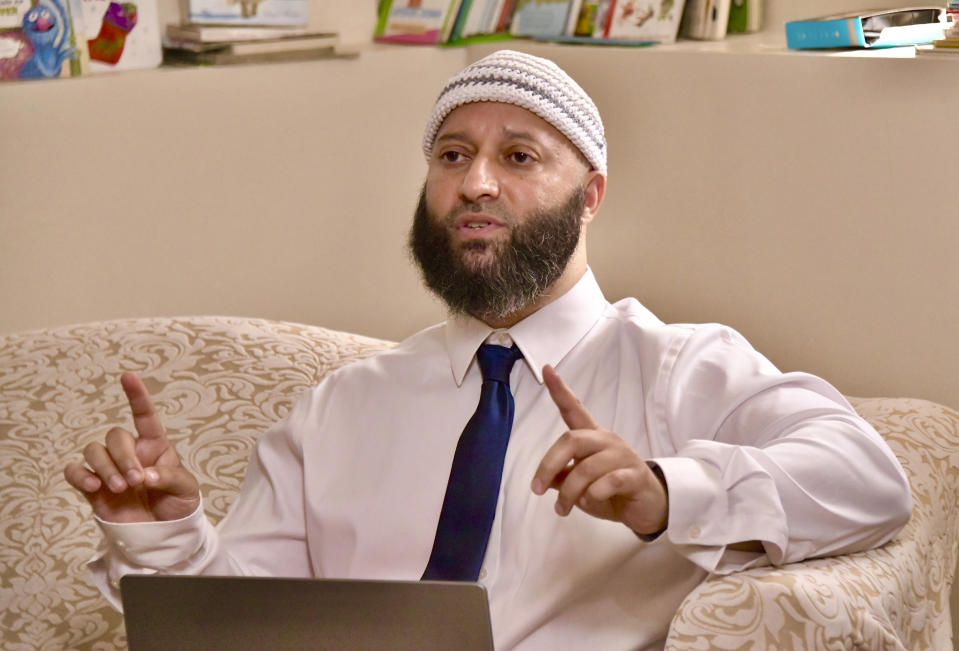 Adnan Syed makes a point as he answers a question following a press conference at his family's home to present evidence of alleged prosecutorial misconduct in his case, Tuesday, Sept. 19, 2023, in Windsor Mill, Md.. (Amy Davis/The Baltimore Sun via AP)