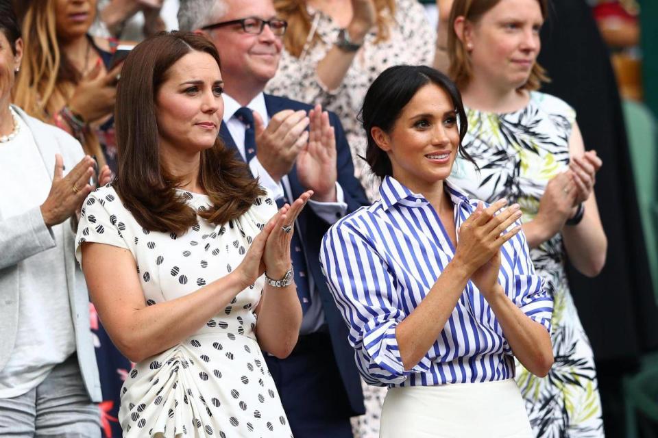 The Duchess of Cambridge and the Duchess of Sussex attending the Women's Singles Final at Wimbledon 2018, watching Serena Williams play Angelique Kerber (Getty Images)