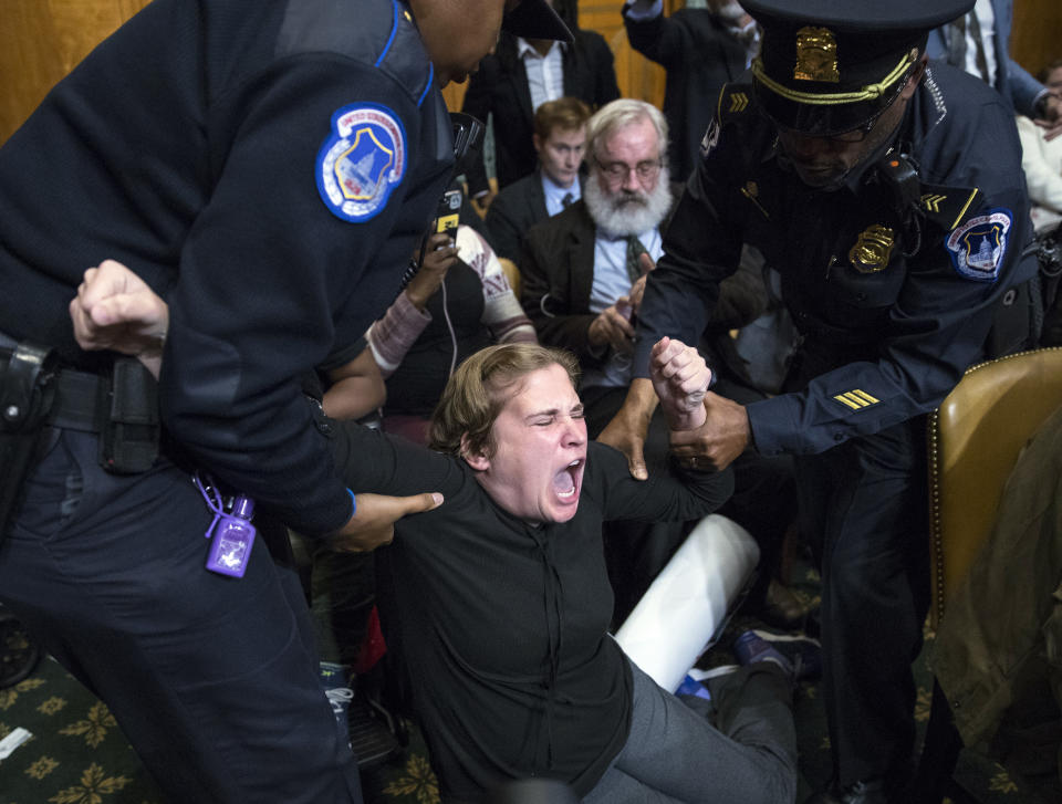 <p>U.S. Capitol Police officers remove a protester from the Senate Budget Committee hearing on Capitol Hill in Washington, Tuesday, Nov. 28, 2017. (Photo: Carolyn Kaster/AP) </p>