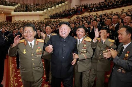 North Korean leader Kim Jong Un reacts during a celebration for nuclear scientists and engineers who contributed to a hydrogen bomb test, in this undated photo released by North Korea's Korean Central News Agency (KCNA) in Pyongyang on September 10, 2017. KCNA via REUTERS