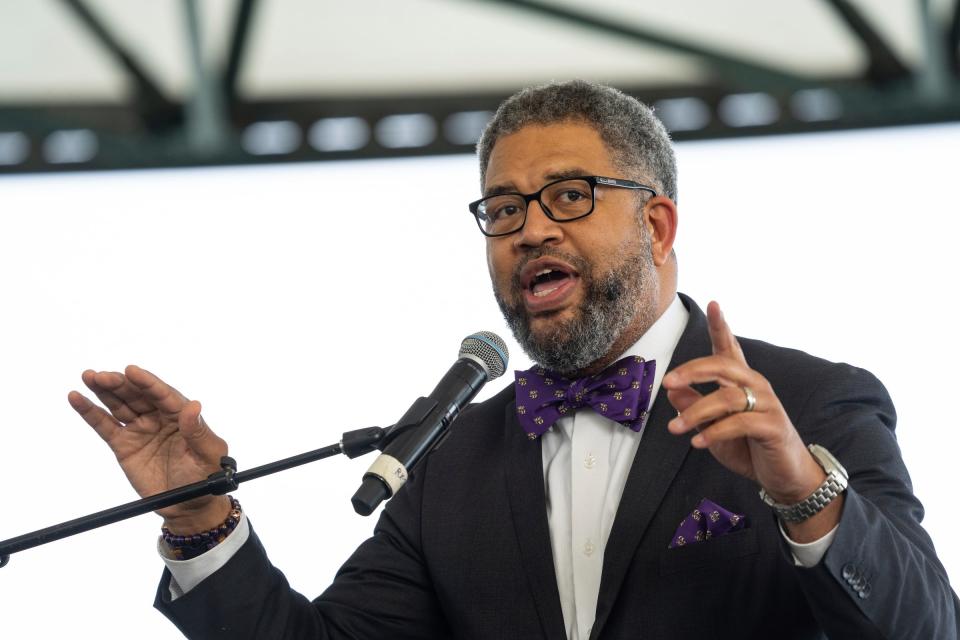 Sen. Marshall Bullock speaks to students and their families during the annual Young Gifted and College Bound communitywide graduation and college send-off ceremony at the Aretha Franklin Amphitheatre in Detroit on May 25, 2022. More than $15,000 in scholarship funding was awarded to college-bound metro Detroit students, giving those selected for their academics $500 each.