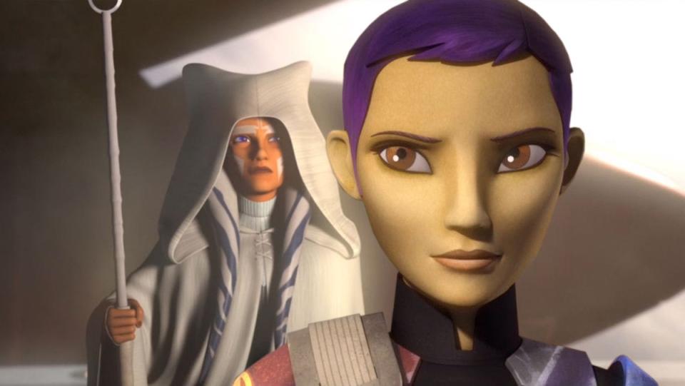 Sabine Wren with short hair stands in front of a covered Ahsoka Tano on Star Wars Rebels
