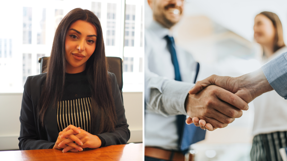 Christine Bulos. People shaking hands at work. Career mentor concept.