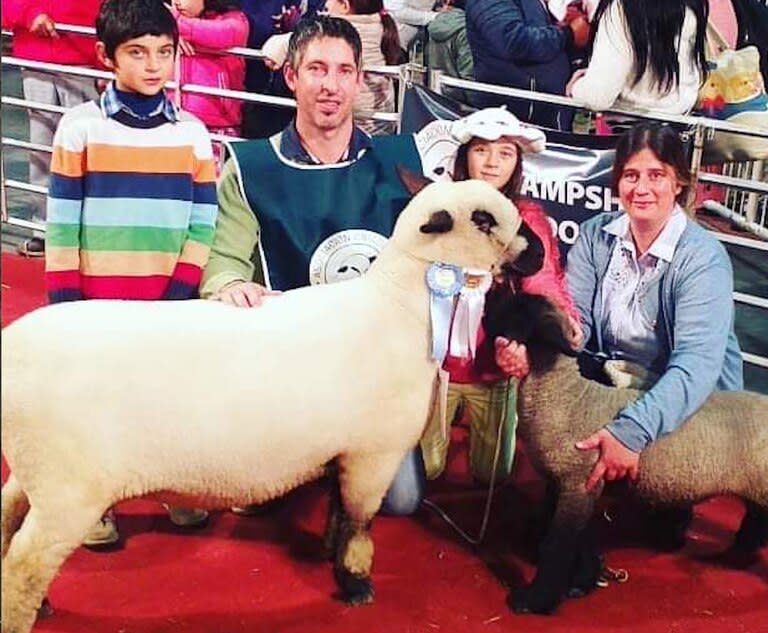 En la Exposición Rural de Palermo, Matías Márquez y su familia con un ejemplar Gran Campeón de la raza Hampshire Down