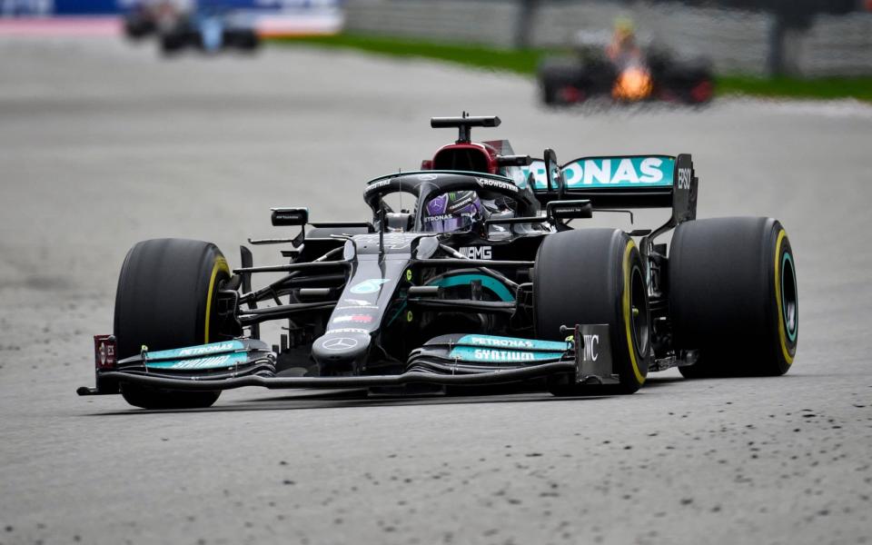 Mercedes' British driver Lewis Hamilton steers his car during the Formula One Russian Grand Prix at the Sochi Autodrom circuit in Sochi on September 26, 2021. - ALEXANDER NEMENOV/AFP via Getty Images