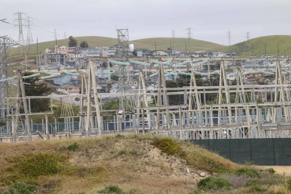 The PG&E switching station on the Morro Bay Power Plant site provides access to the electric grid and solar farms a short distance away in California Valley, shown here on April 24, 2024.