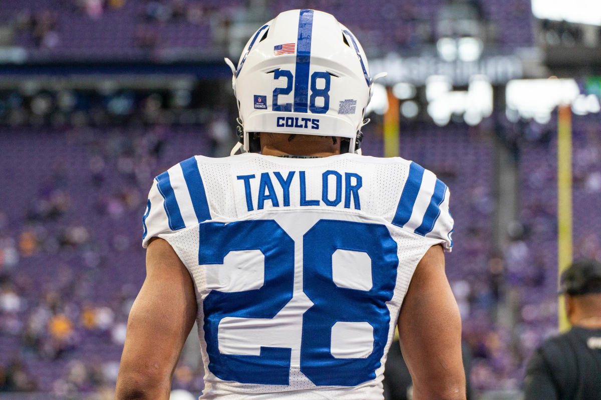 Indianapolis Colts running back Jonathan Taylor (28) dives into the end  zone during the first h …