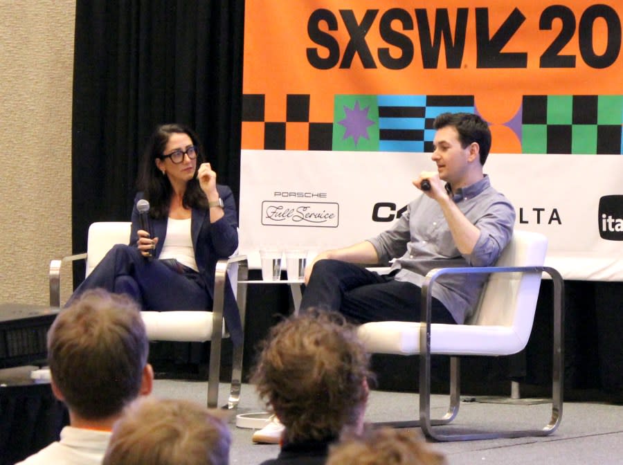 Laura Plunkett (left), executive director of Comcast NBCUniversal’s LIFT Labs, and Ben Colman (right), CEO of Reality Defender, speak at a March 8, 2024 SXSW session. (KXAN Photos/Cora Neas)