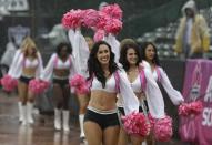 <p>Oakland Raiders cheerleaders wear pink for breast cancer awareness before an NFL football game between the Oakland Raiders and the Kansas City Chiefs in Oakland, Calif., Sunday, Oct. 16, 2016. (AP Photo/Marcio Jose Sanchez) </p>