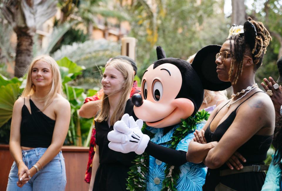 KBlocks, right, with Mickey Mouse at Disney's Aulani Resort in Hawaii.