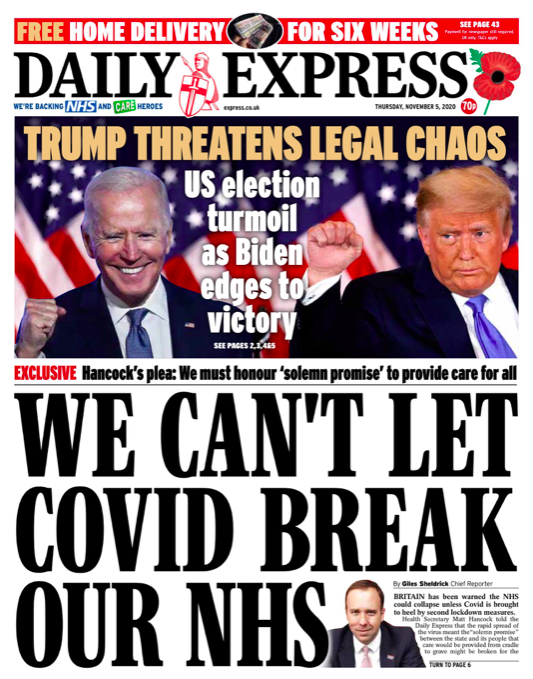 Contrasting faces for Biden and Trump features on The Daily Express, which leads on the upcoming legal chaos.