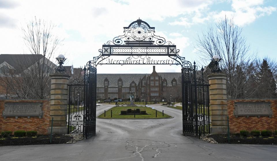 Old Main and the front gate of Mercyhurst University is shown in this March of 20220 file photo.
