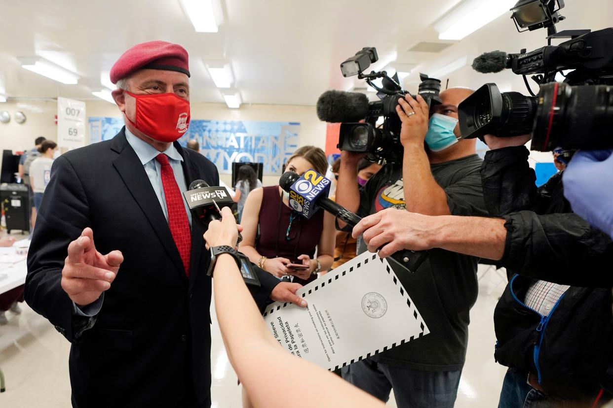 Republican candidate for New York mayor Curtis Sliwa waits to vote at Frank McCourt High School, in New York on Tuesday, June 22, 2021.