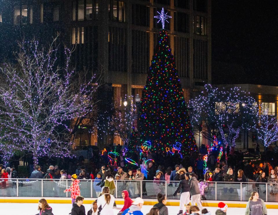 Worcester’s Christmas tree is lit during the city’s annual Festival of Lights on Friday.