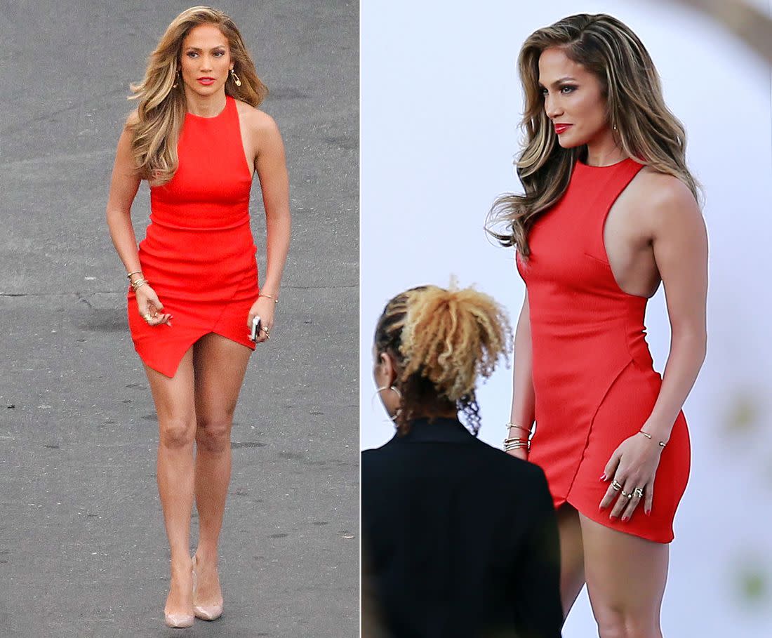 Jennifer Lopez looked red hot in a stunning dress on the way to the set of "American Idol" in Los Angeles. The judge paired her fit with nude pumps.