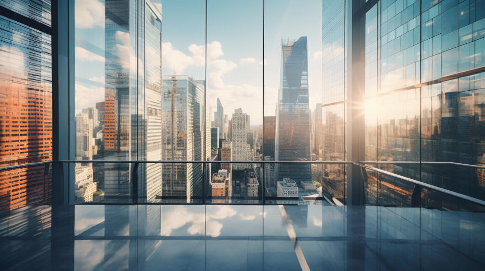 A wide angled view of a high-rise office building, the windows reflecting a nearby cityscape.