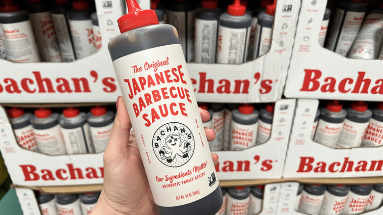 Bottle of Bachan Japanese Barbecue Sauce in front of Costco display