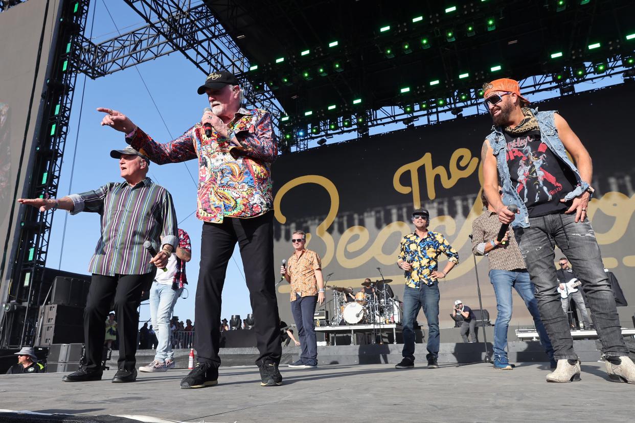 Bruce Johnston, Mike Love, and Brian Eichenberger of The Beach Boys, and Preston Brust of LOCASH perform onstage during Day 3 of the 2022 Stagecoach Festival at the Empire Polo Field on May 1 in Indio, California.