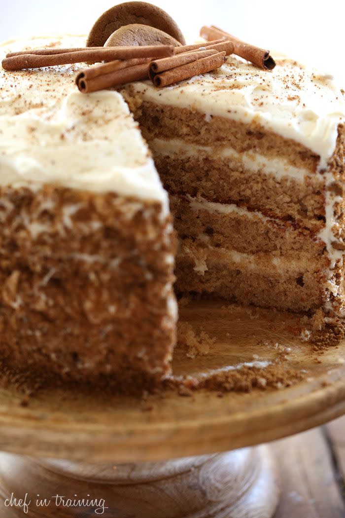<p>Crushed gingersnap cookies are melded throughout this cake to give it an addictive crunch and flavor. To further enhance the flavor profile, slabs of sweet cream cheese frosting are sandwiched in between the stacked layers.</p><p><strong>Get the recipe at <a href="http://www.chef-in-training.com/2014/11/gingersnap-spice-cake/" rel="nofollow noopener" target="_blank" data-ylk="slk:Chef in Training" class="link ">Chef in Training</a>.</strong> </p>