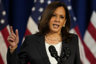 Democratic vice presidential candidate Sen. Kamala Harris, D-Calif., speaks in Washington, Thursday, Aug. 27, 2020. (AP Photo/Carolyn Kaster)