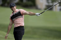 Rory McIlroy, of Northern Ireland, watches his tee shot from the third hole during the first round of the Travelers Championship golf tournament at TPC River Highlands, Thursday, June 25, 2020, in Cromwell, Conn. (AP Photo/Frank Franklin II)
