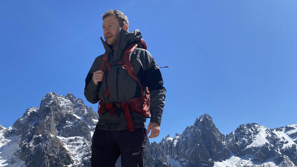 Alex in the Dolomites with Osprey Kestrel 38 backpack