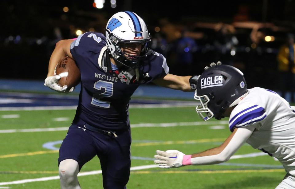 Westlake's Stephen Dinapoli carries the ball during a game with Dobbs Ferry at Westlake Oct. 13, 2023. Westlake won 8-0.