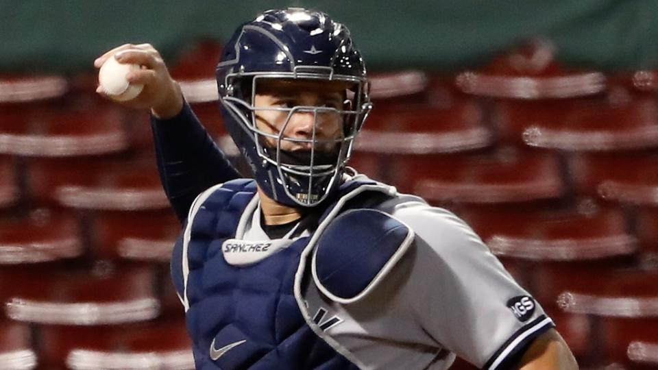 Sep 18, 2020; Boston, Massachusetts, USA; New York Yankees catcher Gary Sanchez (24) throws out a runner during the fourth inning against the Boston Red Sox at Fenway Park. Mandatory Credit: Winslow Townson-USA TODAY Sports