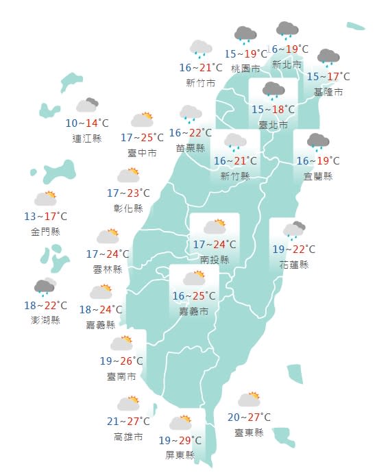 各縣市氣溫預報。（圖／中央氣象局）