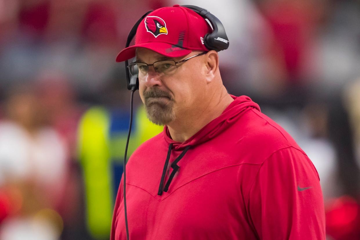 Oct 24, 2021; Glendale, Arizona, USA; Arizona Cardinals run game coordinator Sean Kugler against the Houston Texans at State Farm Stadium.