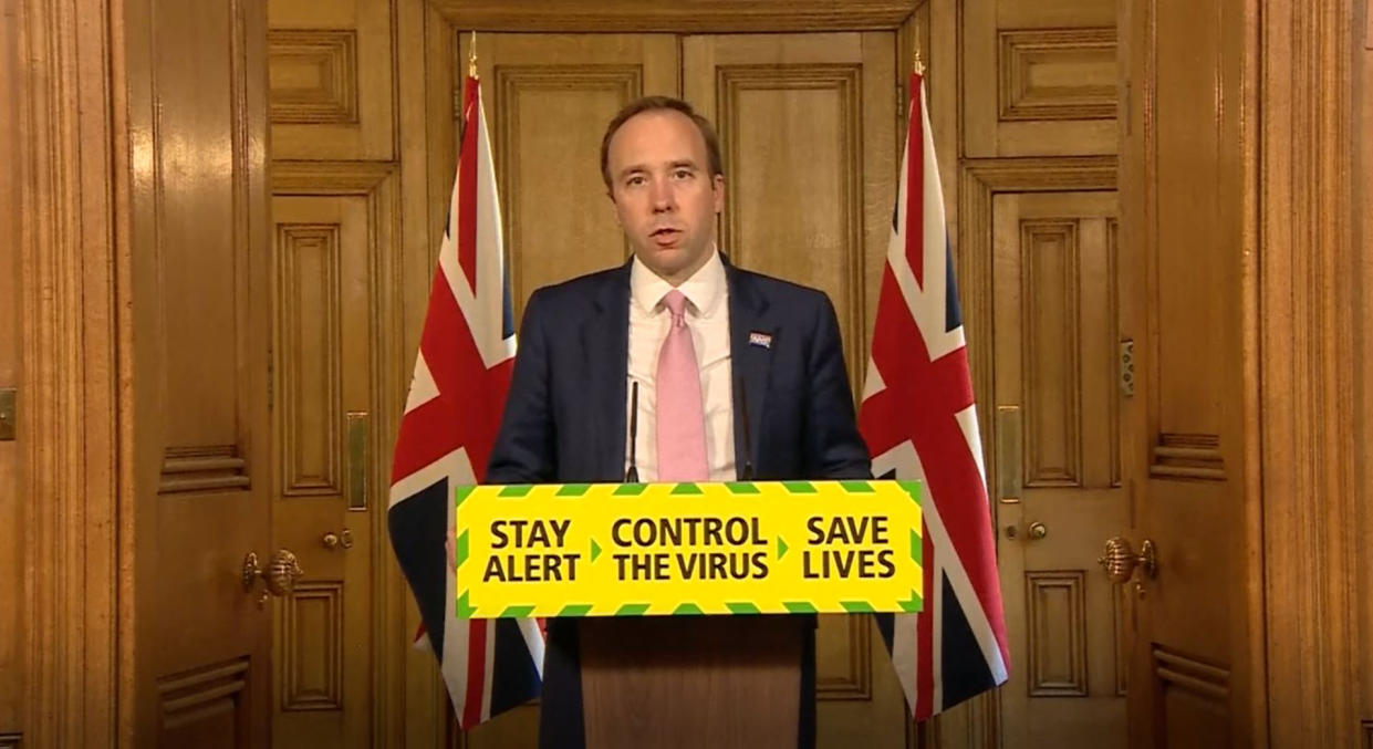 Screen grab of Health Secretary Matt Hancock during a media briefing in Downing Street, London, on coronavirus (COVID-19). (Photo by PA Video/PA Images via Getty Images)