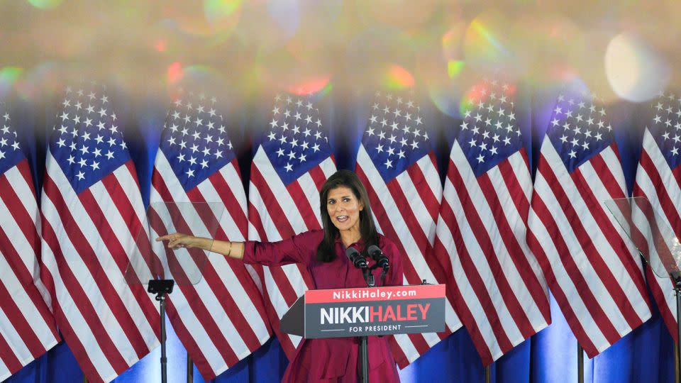 Former South Carolina Gov. Nikki Haley speaks to the crowd at a caucus night party in West Des Moines on January 15, 2024. - Jeenah Moon/Reuters